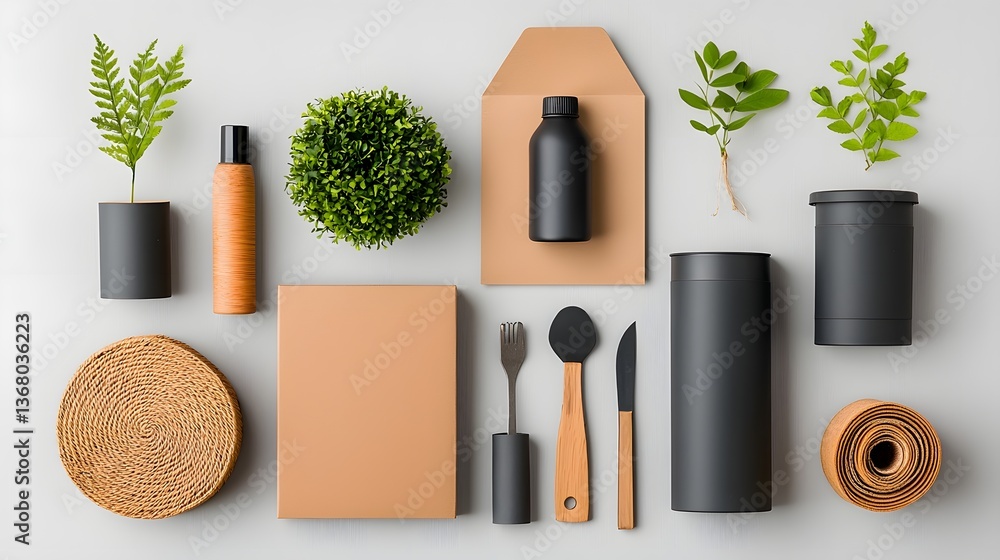 Poster carefully arranged flatlay showcasing a collection of various storage containers with a scandinavian