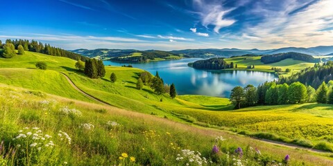 Fototapeta premium Serene Hillside Meadow Lake Drone Photography - Stunning Aerial View of Nature