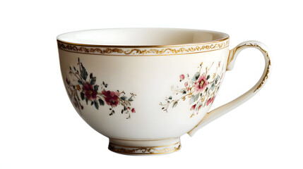 Vintage porcelain teacup with delicate floral pattern and gold trim on clean white background with ample copy space for elegant design presentations and projects