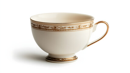 Vintage porcelain teacup with elegant gold trim design on white background offe great copy space for text or advertising messages and creativity