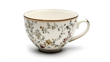 Vintage porcelain teacup with delicate floral design and gold trim set against a clean white background providing ample copy space for various uses