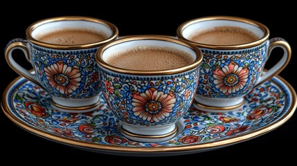 Fototapeta premium Three ornate coffee cups on a matching saucer. Rich colors and detailed floral designs