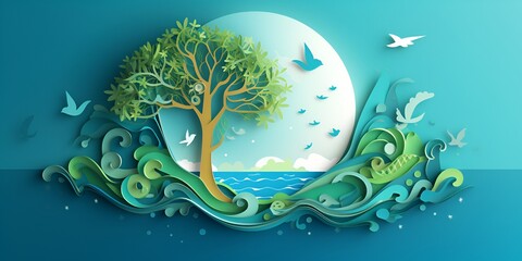 Simplified paper art design of the Earth with trees, water waves, and fish inside it. The planet