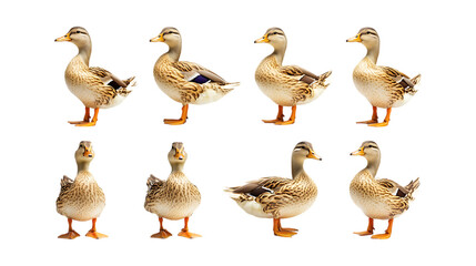 Pack Dainty Duck set in Different Poses Against Transparent Background for Nature Illustrations, Farm Art, or Waterfowl-Themed Designs