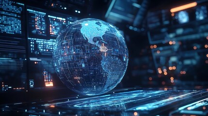 Futuristic digital globe on a holographic display.