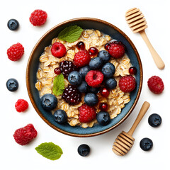 A Delicious Warm Bowl of Creamy Oats Topped with Fresh Raspberries, Blueberries, Blackberries, Pomegranate Seeds, Mint and Honey Drizzle