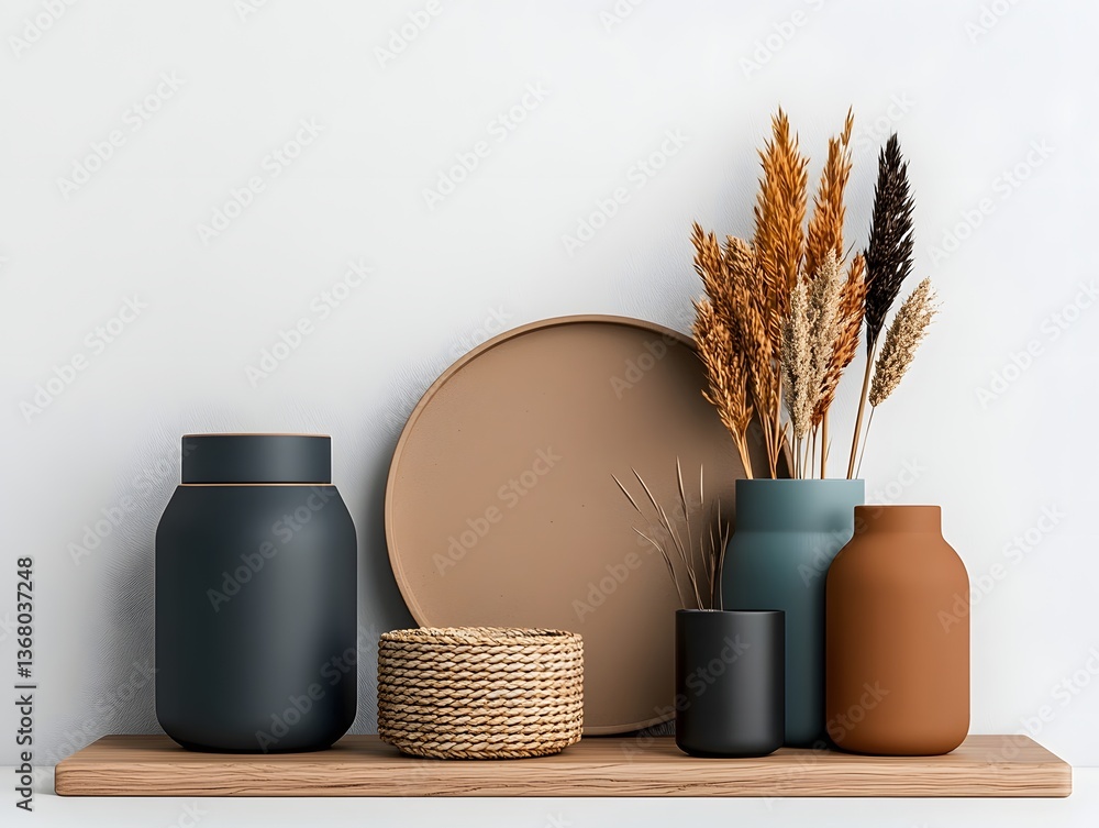Poster carefully curated collection of diverse storage vessels including cardboard boxes wicker baskets and
