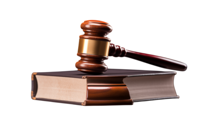 Wooden gavel resting atop a large legal book on black ground