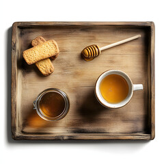 Overhead View of Rustic Wooden Serving Tray with Espresso Cup, Honey Jar, Honey Dipper, and Three Delicious Biscotti Cookies Perfect for Breakfast