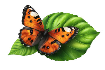 Obraz premium A vibrant orange butterfly delicately perched on lush green leaves, a moment of serene beauty captured in rich detail and soft light.