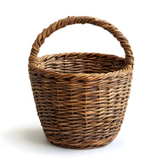 Rustic woven storage basket with a single handle, ideal for organization and decor, photographed against a clean white background for ing options