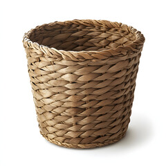 Light brown woven seagrass storage basket on a white background providing ample copy space for home decor, organization, or product display purposes