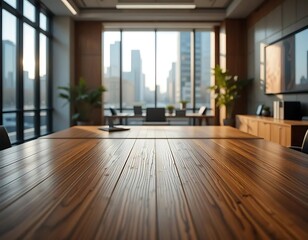 Obraz premium Modern Conference Room with Wooden Table and Cityscape View Backdrop