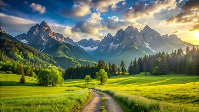 Serene Landscape Calendar Background: Majestic Mountain Range & Lush Meadow
