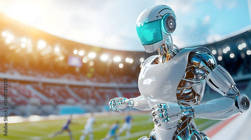 Poster a robot is running on a field with a crowd of people watching