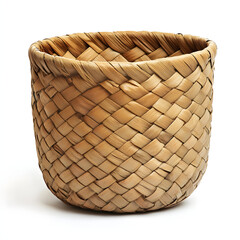 Close-Up of a Rustic Woven Storage Basket with Intricate Diamond-Pattern Weave on White Background Offe Ample Copy Space for Use in Various Projects