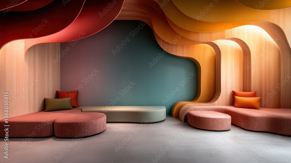 Poster this lounge features wave-shaped soft seating in warm tones, complemented by a minimalist design tha