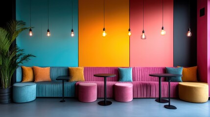 A contemporary cafe interior showcases vibrant color-blocked walls and plush seating, creating an inviting space that appeals to modern aesthetics and social interactions.