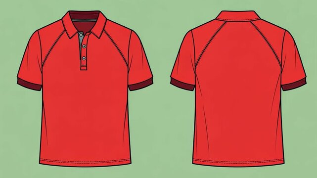 Red Polo Shirt : A bright red polo shirt, presented front and back, illustrating classic casual wear.
