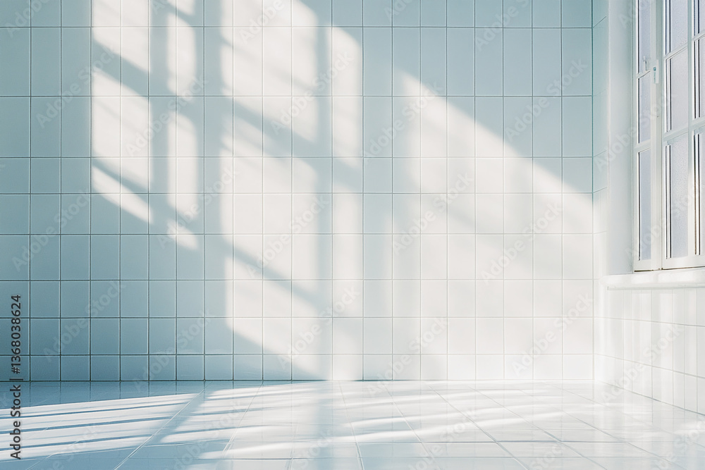 Poster White tiled wall and floor with sunlight shadows, creating a clean and minimalist scene, showcasing ample free space ideal for product placement or text overlay
