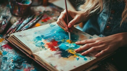 Naklejka premium Young caucasian female artist painting abstract art on canvas with brushes