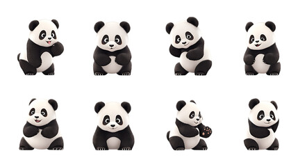 Fototapeta premium Pack Puffy Panda set in Different Poses Against Transparent Background for Wildlife Illustrations, Bamboo Forest Art, or Adorable Animal Designs