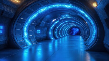 Futuristic blue corridor, energy glows, transport, sci-fi background