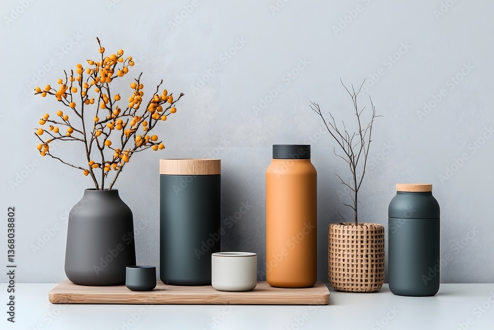 Poster carefully curated flat lay of modern storage essentials including cardboard wicker and metallic cont