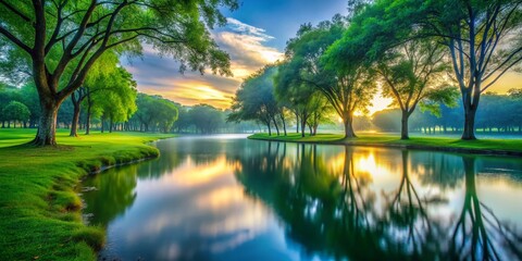 Obraz premium Serene Long Exposure: Lush Green Park, Tall Trees, Tranquil Landscape