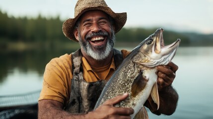 An experienced angler beams with delight as he holds a freshly caught fish at a serene lake, representing joy and satisfaction found in fishing.