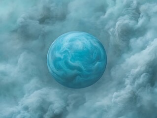 An abstract artwork featuring a blue sphere surrounded by vaporous clouds