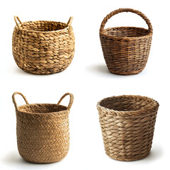 Four Handcrafted Woven Storage Baskets with Unique Shapes and Styles on White Background Featu Ideal Copy Space for Text or Product Information