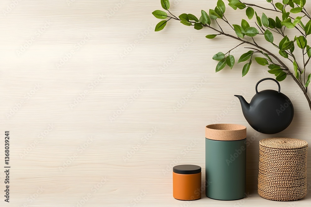 Poster carefully curated flat lay showcasing a selection of storage containers in various materials and sty