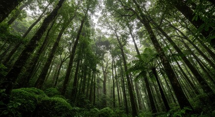 Lush Green Forest Canopy with Misty Background, Showcasing Tall Trees and Foliage