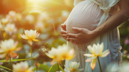 Pregnant woman in womans retreat. Spiritual retreat concept for pregnant Women.