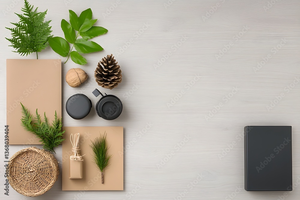 Poster carefully curated flat lay showcasing an array of rustic wicker sleek metal and sturdy cardboard sto