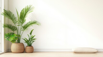 Bright indoor space featuring potted plants and a cozy floor pillow against a neutral wall.