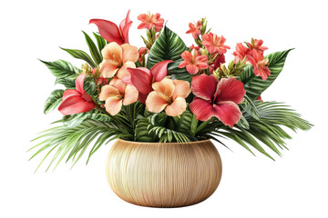 Obraz premium A vibrant tropical flower arrangement in a light wood bowl, showcasing peach and coral hibiscus, lilies, and lush green foliage, creating a summery, exotic feel.