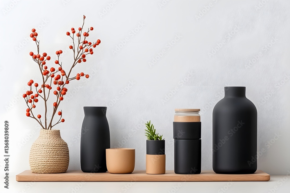 Poster carefully curated flat lay vignette showcasing a modern and minimalist assortment of home organizati