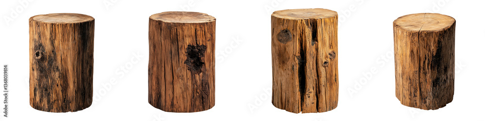 Poster a group of stacked and arranged wooden logs and tree stumps with natural bark and texture displayed 
