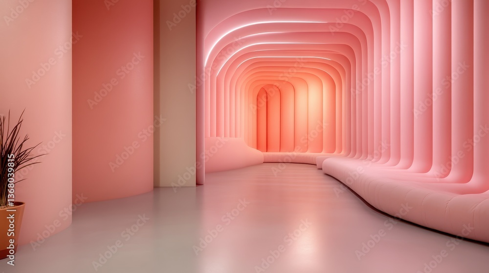 Poster this image features a trendy corridor characterized by smooth pink curves and ambient lighting, crea
