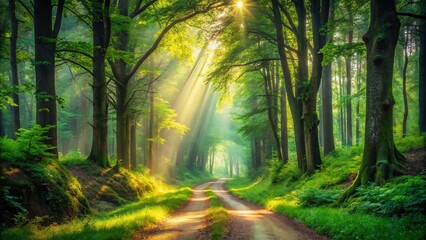 Obraz premium Serene Misty Forest Path: Panoramic Nature Photography