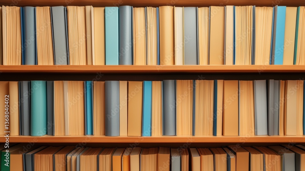 Poster a neatly organized bookshelf displaying a variety of books in different colors and sizes, emphasizin