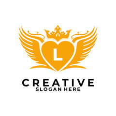 Initial Letter L with wings, love, and Crown logo design vector. Creative logo identity inspirations