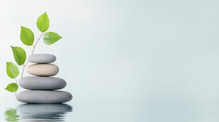 Obraz premium Balanced stones with green leaves above a calm water surface, symbolizing tranquility and nature.