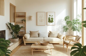 Scandinavian-inspired living room with light wood furniture,