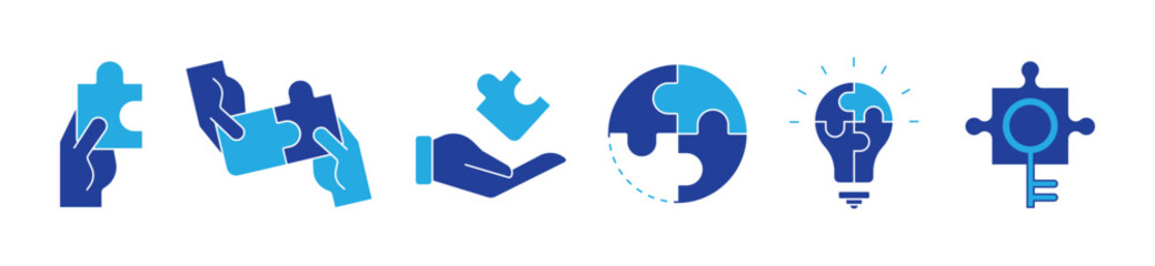 collection of jigsaw puzzle piece match problem solving success idea icon vector business teamwork challenge strategy innovation symbol illustration
