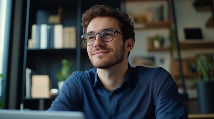 Obraz premium Giovane manager in un ufficio moderno. Espressione fiduciosa e professionale, simbolo di leadership, innovazione e successo aziendale.