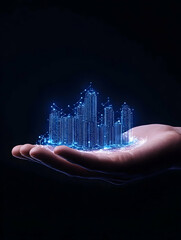 Glowing city model in a hand, futuristic concept