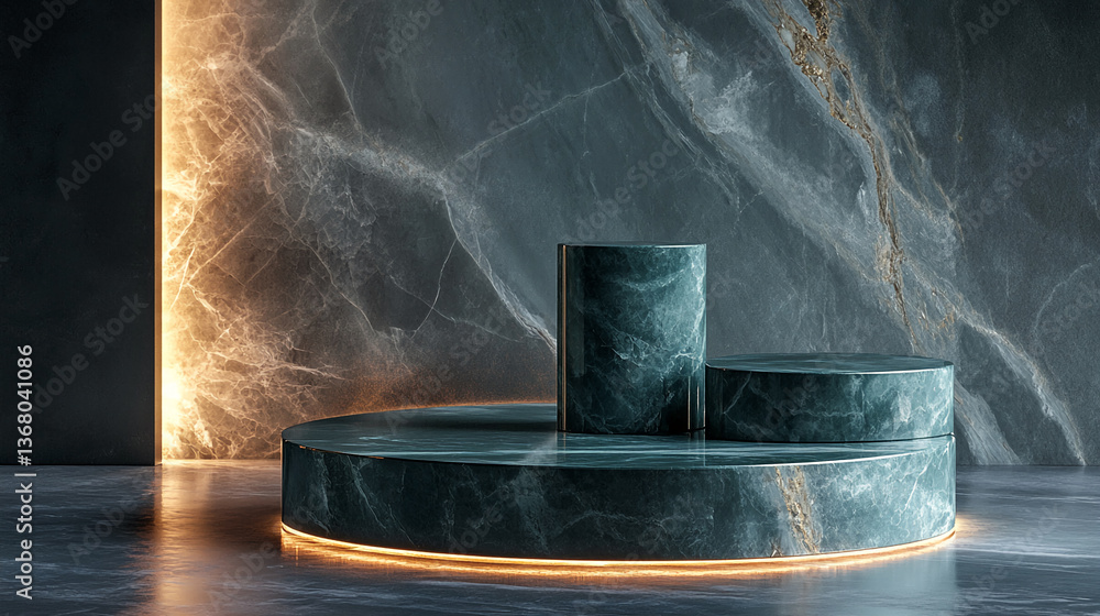 Poster dark teal marble podiums illuminated, showcasing a sleek, modern presentation. ideal for product dis
